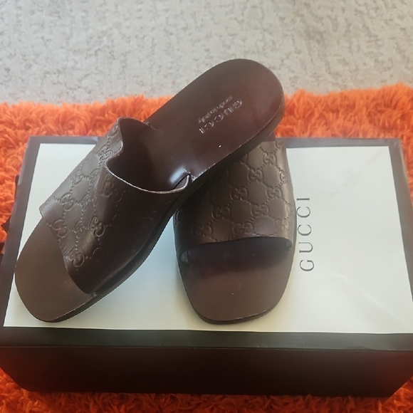 Gucci Chocolate Brown Embossed Slides - Picture 1 of 4